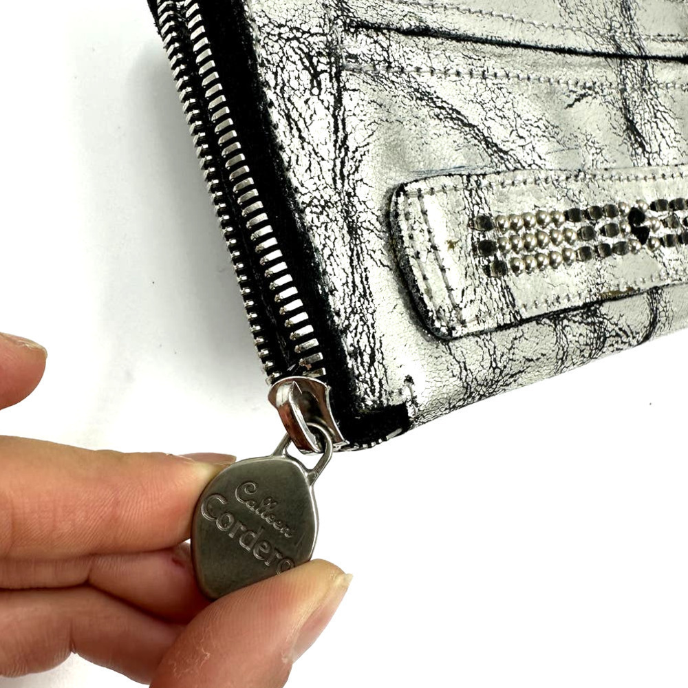 Calleen Cordero Studded Antiqued Metallic Leather Wallet Silver - Picture 10 of 12